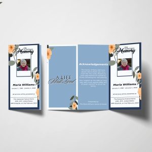 Blue And Beige Florals Trifold Funeral Program Template